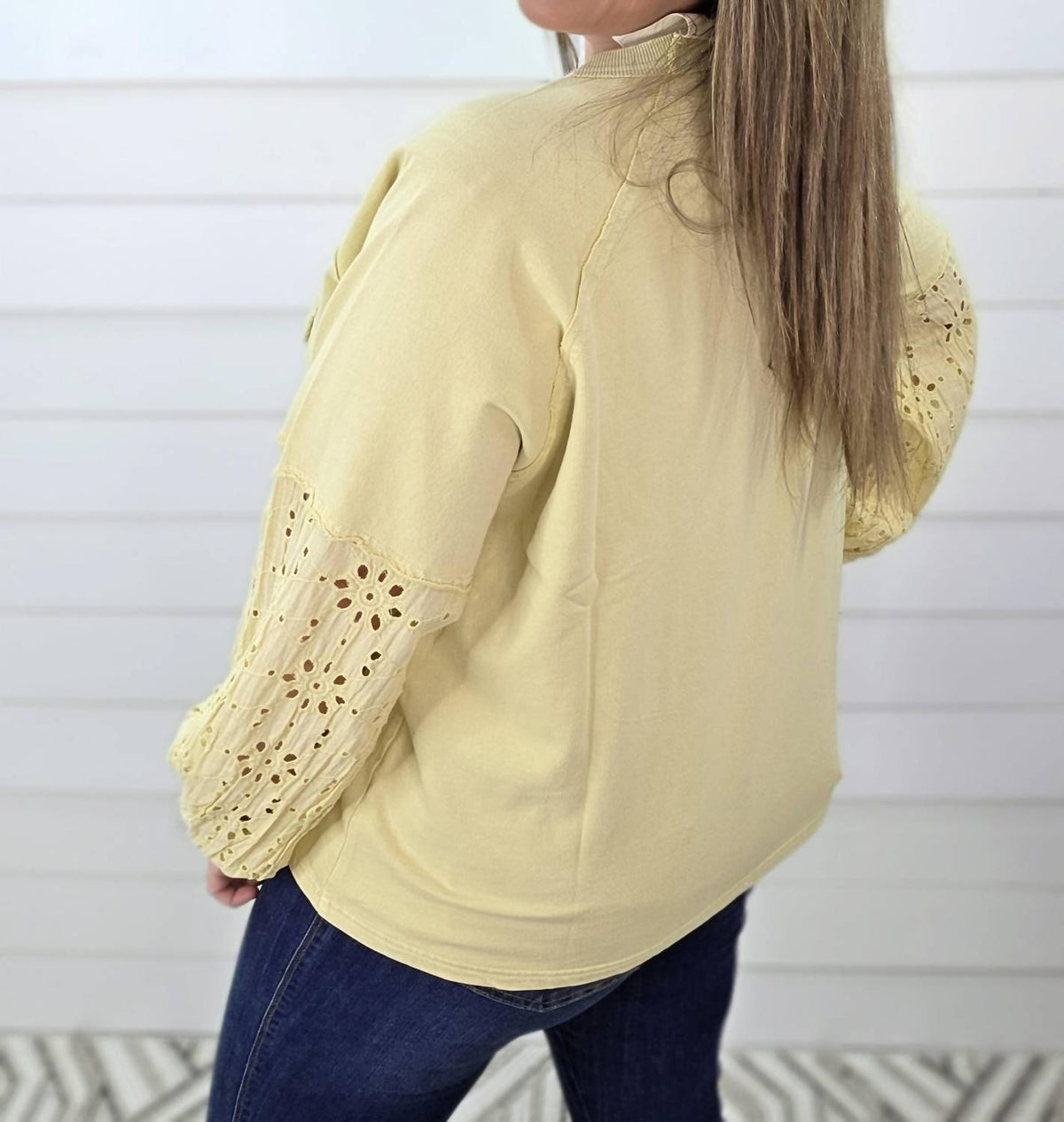Easel Straw Eyelet Lace Contrast Knit Top in yellow - women's long sleeve top - detail view