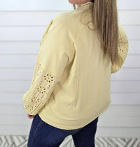 Easel Straw Eyelet Lace Contrast Knit Top in yellow - women's long sleeve top - detail view