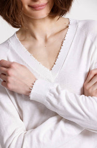 Minnie Rose - Cashmere Frayed Edge V Neck Sweater