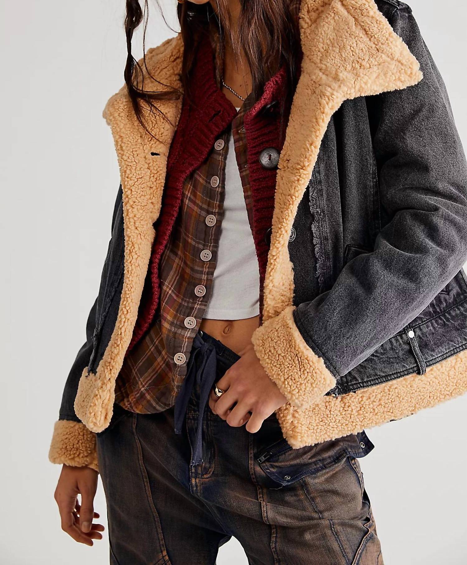 We The Free Rylee Denim Moto Jacket in black brown - women's jacket