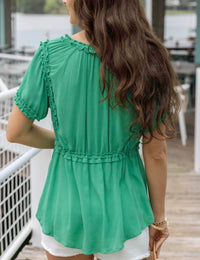Grace and Lace Lola Frilly Button Front Top in spring green - women's blouse - detail view