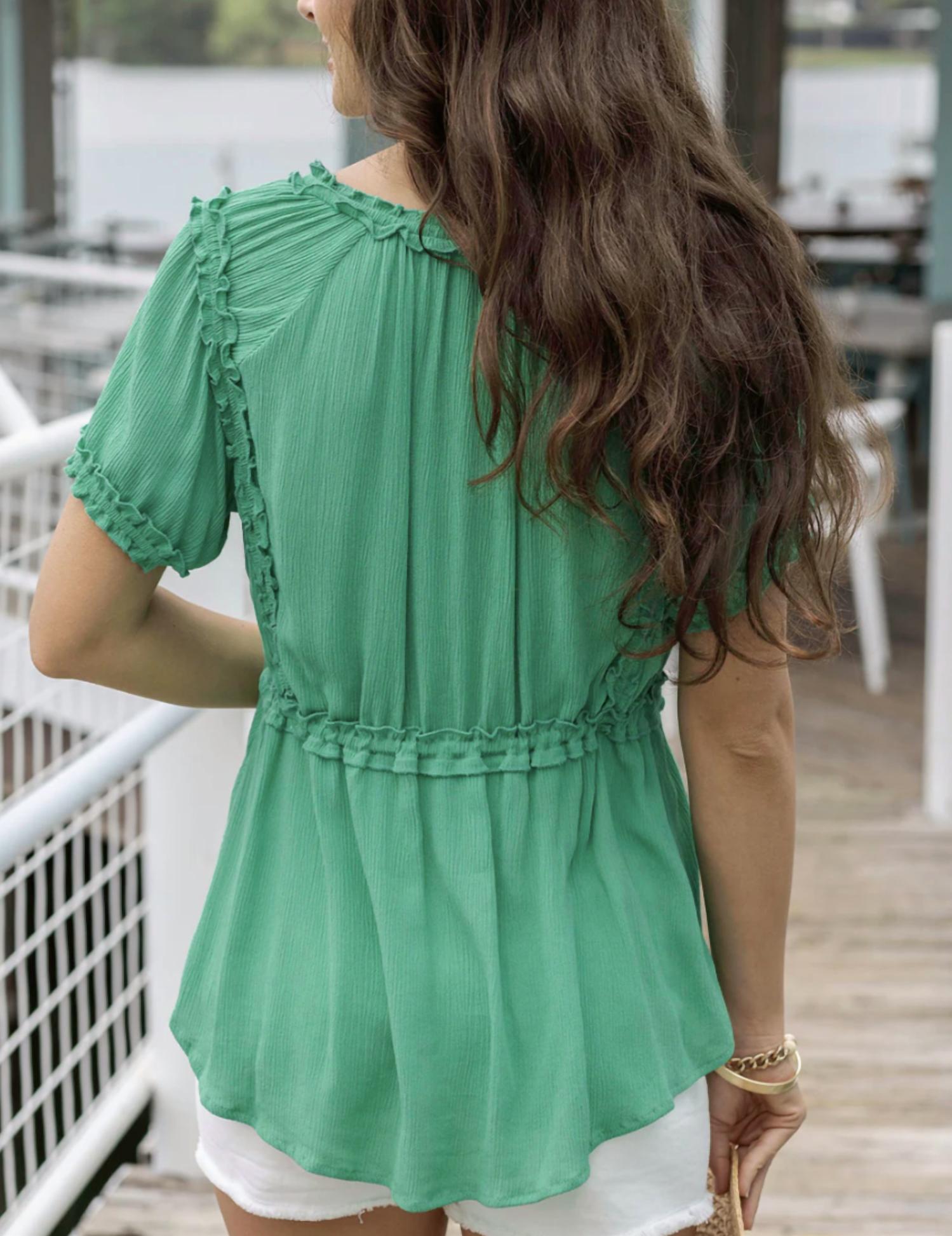 Grace and Lace Lola Frilly Button Front Top in spring green - women's blouse - detail view
