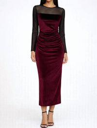 Amanda Uprichard Velvet Mesh Midi Dress Ruched Long Sleeve Dress in burgundy - women's dress