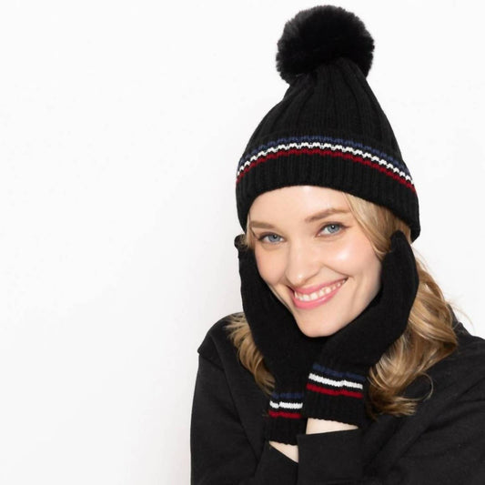 Judson & Company - Women's Stripe Details Knit Beanie With Faux Fur Pom Pom