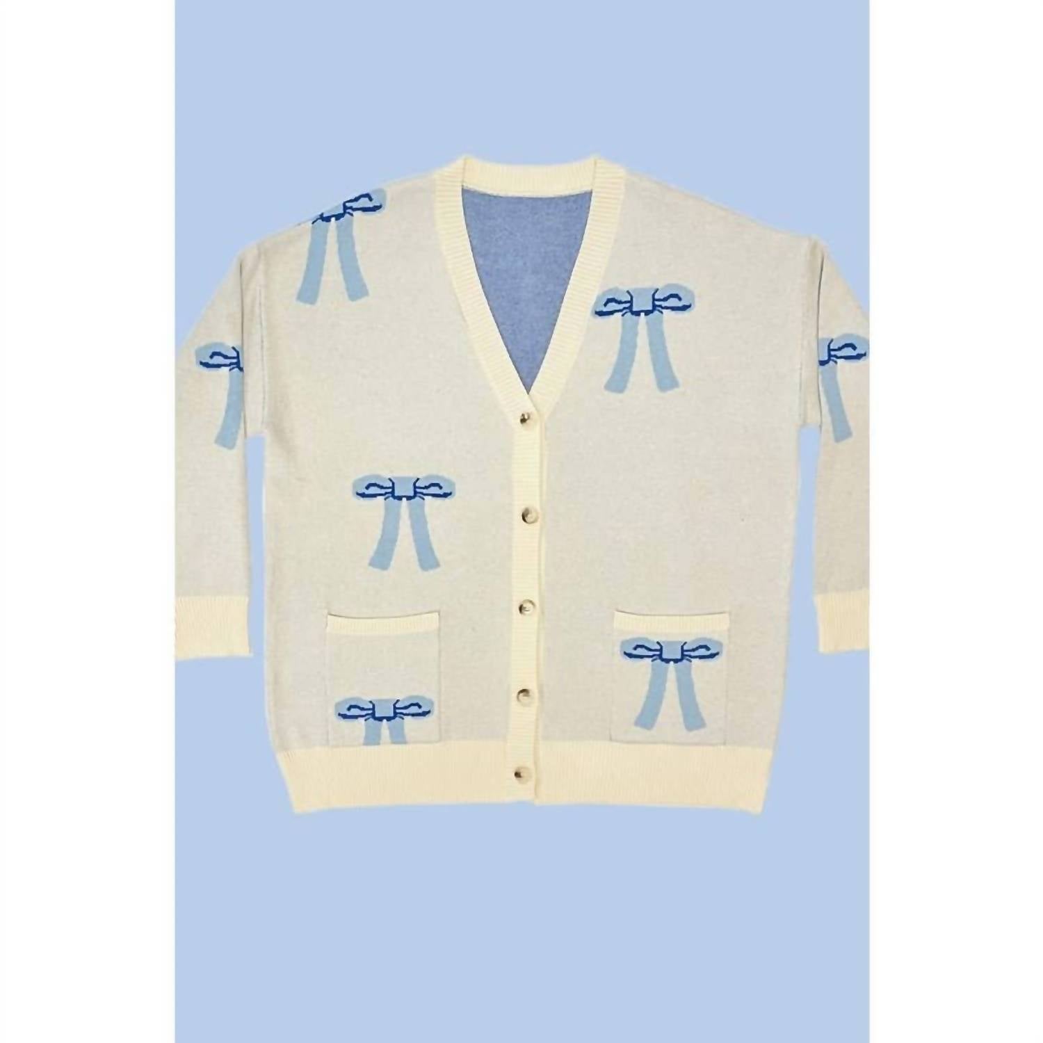 Bestto - Bow Print Oversized Button Down Cardigan