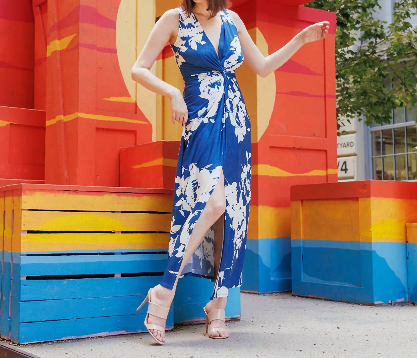 Clara Sun Woo Crushed Silk Knit Maxi Dress in blue cream print - women's dress - view 4