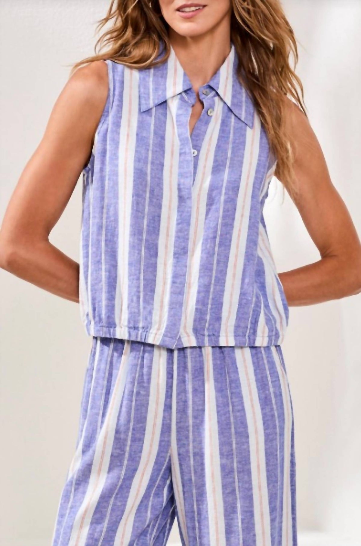Tribal - Elastic Waist Striped Sleeveless Blouse