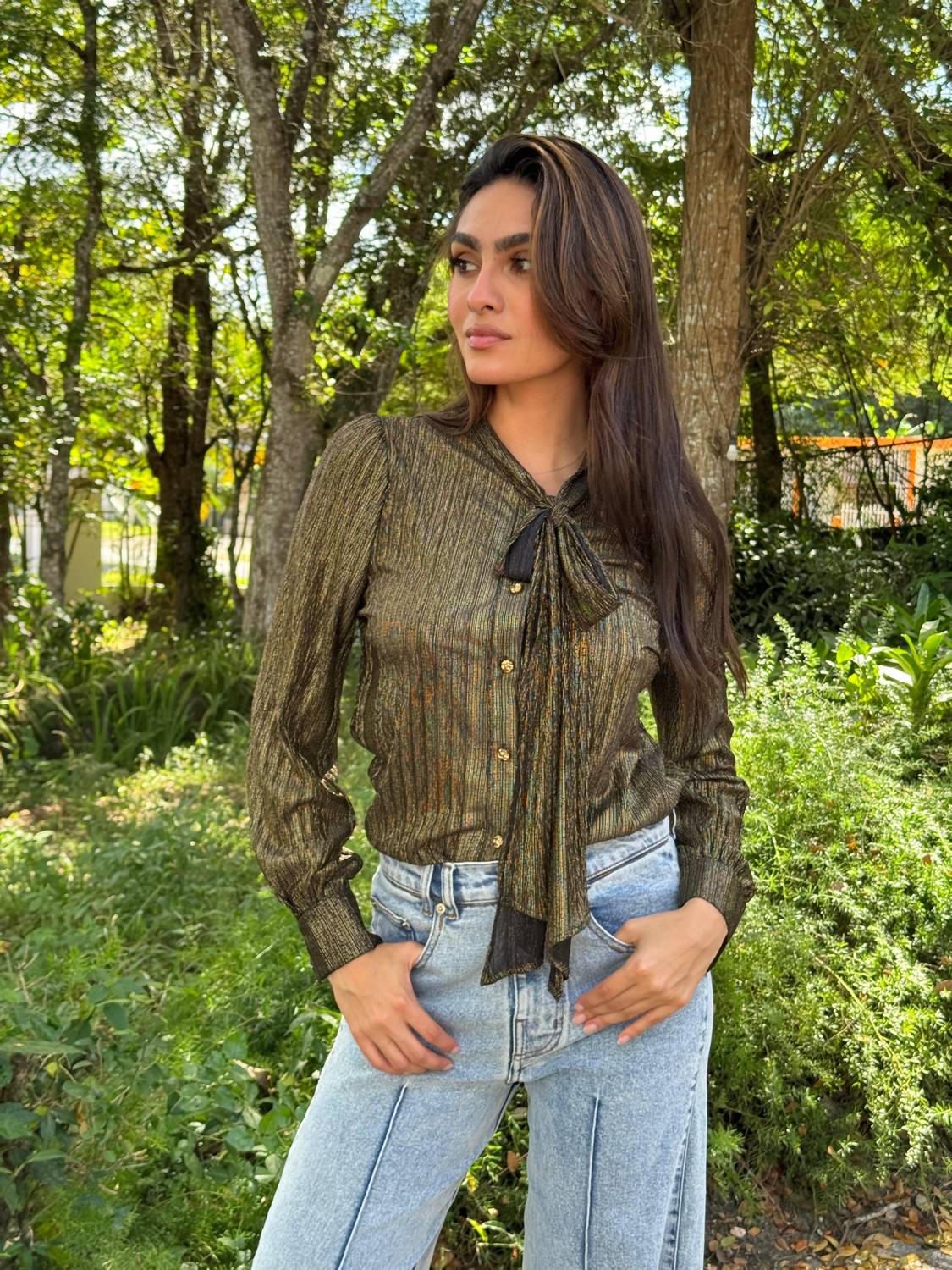 Beulahstyle - Neck Tie Long Sleeve Blouse