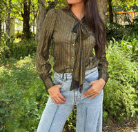 Beulahstyle - Neck Tie Long Sleeve Blouse