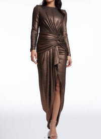 DRESS THE POPULATION Shimmery Sparkling Romera Long Sleeve Maxi Dress in bronze - women's dress - view 4