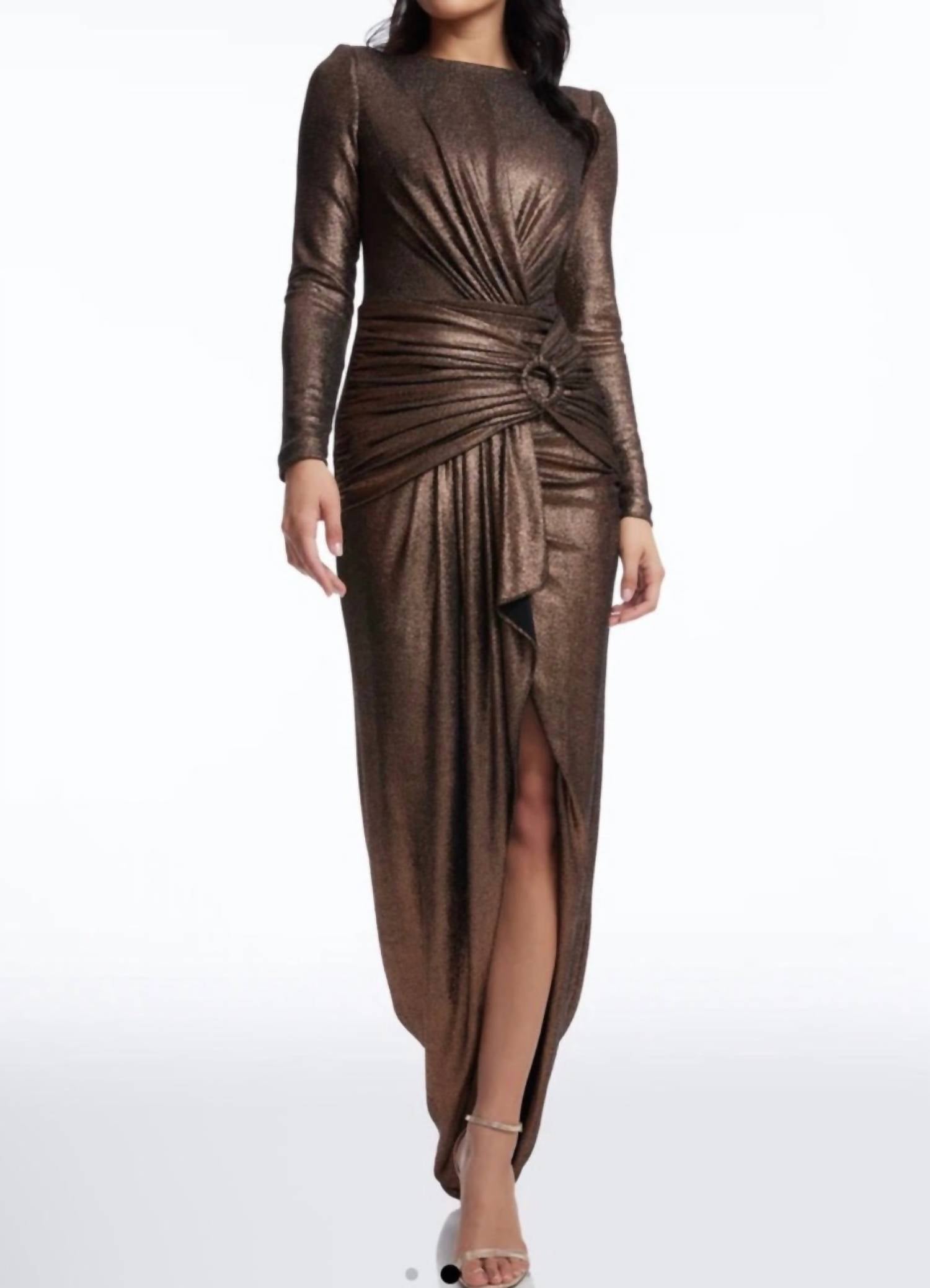 DRESS THE POPULATION Shimmery Sparkling Romera Long Sleeve Maxi Dress in bronze - women's dress - view 4