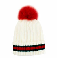 Mitchie'S Matchings - Women's Knit Beanie With Stripe & Fox Fur Pom Pom