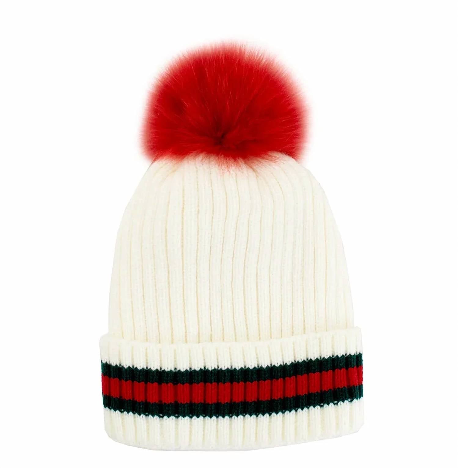 Mitchie'S Matchings - Women's Knit Beanie With Stripe & Fox Fur Pom Pom