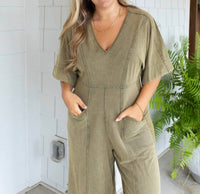 BiBi Vintage V-neck Jumpsuit in olive green - women's pants