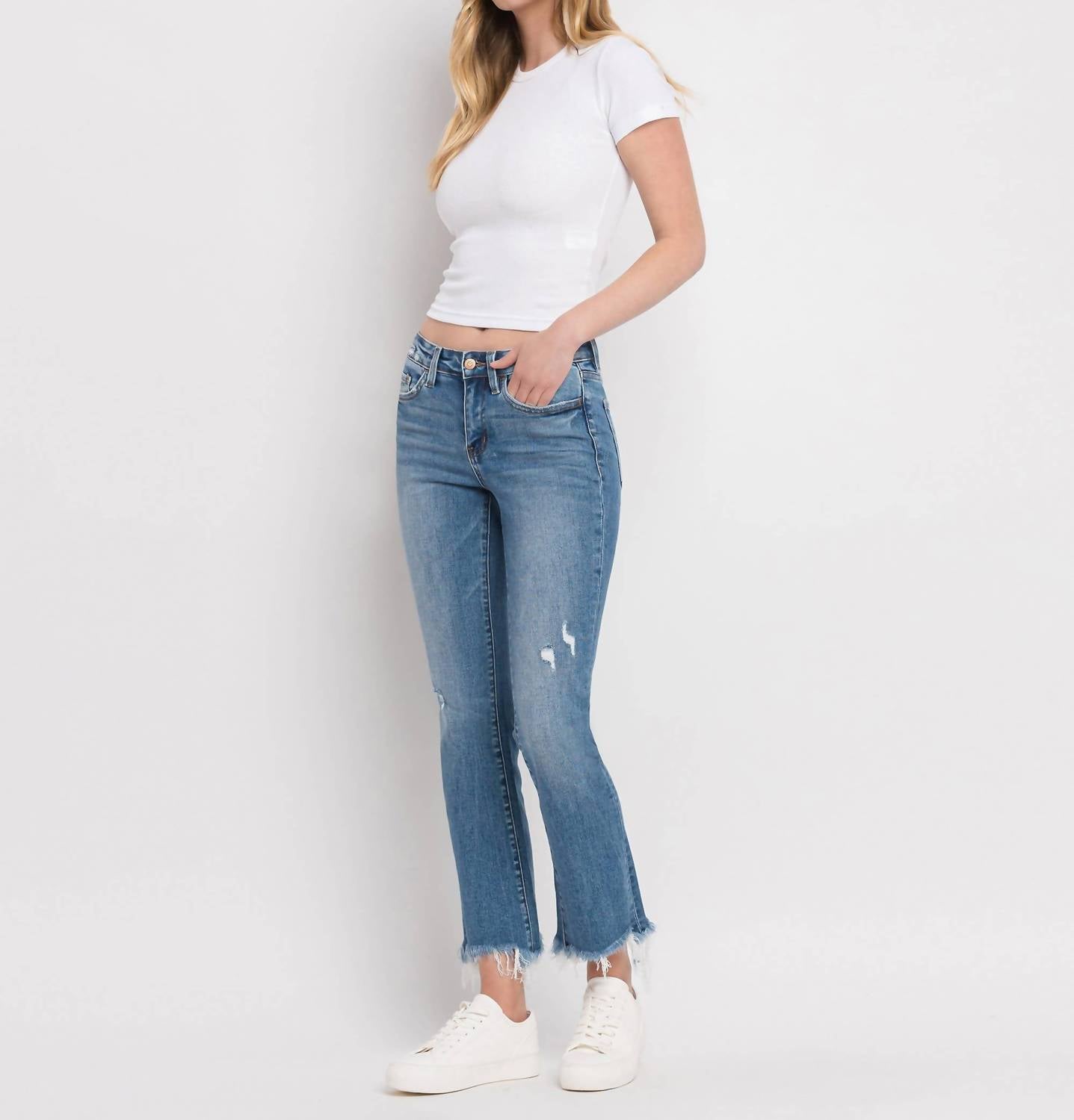Flying Monkey - Mid Rise Distressed Hem Ankle Bootcut Jeans