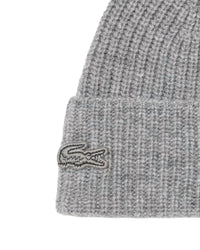 LACOSTE Unisex Ribbed Wool Knit Crocodile Beanie in gray - men's hat - detail view