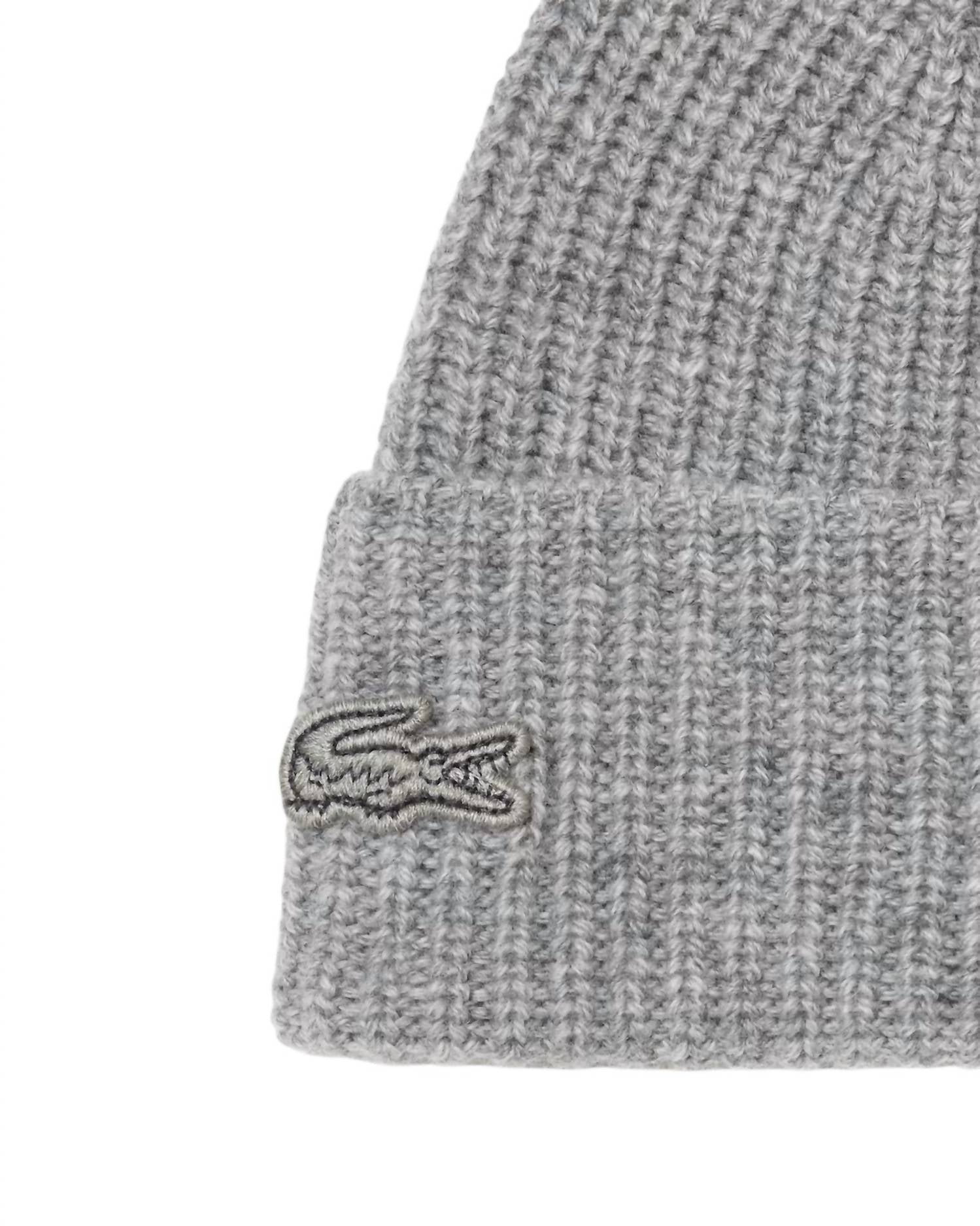 LACOSTE Unisex Ribbed Wool Knit Crocodile Beanie in gray - men's hat - detail view