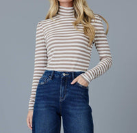 DOWNEAST Essential Striped Turtleneck Top in cocoa stripe - women's long sleeve top