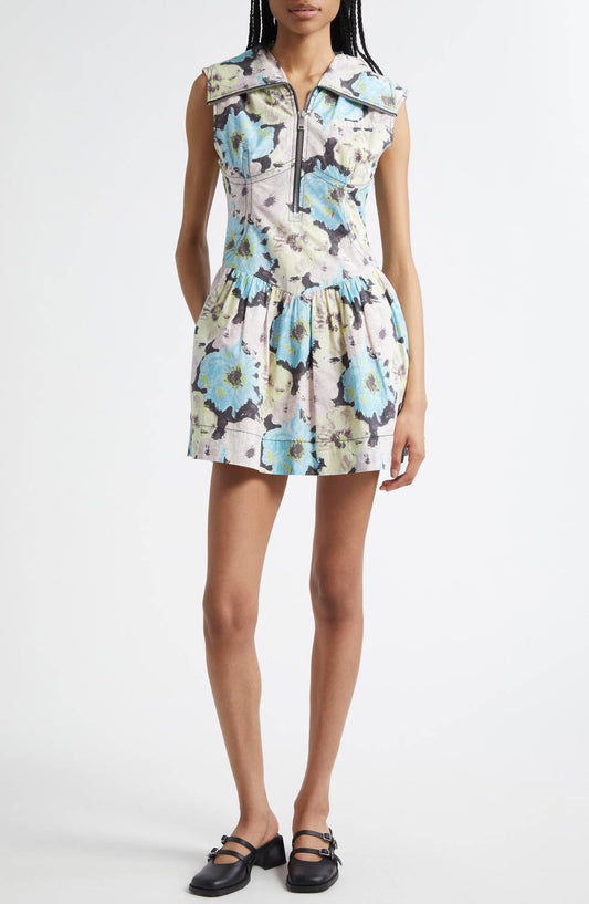 Ganni - Floral Zip Front Organic Cotton Mini Dress