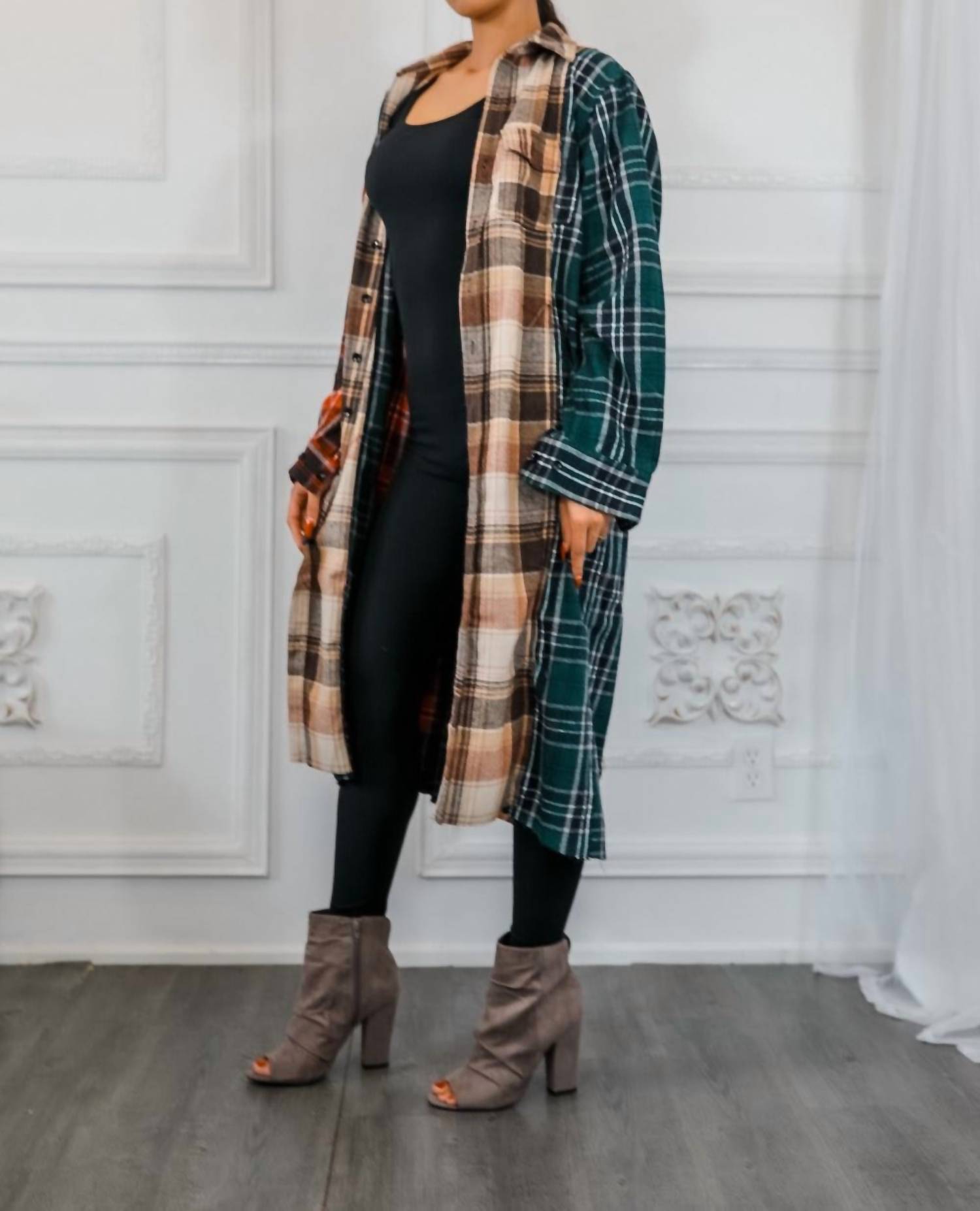 Surelymine - Distressed Long Plaid Patches Shacket