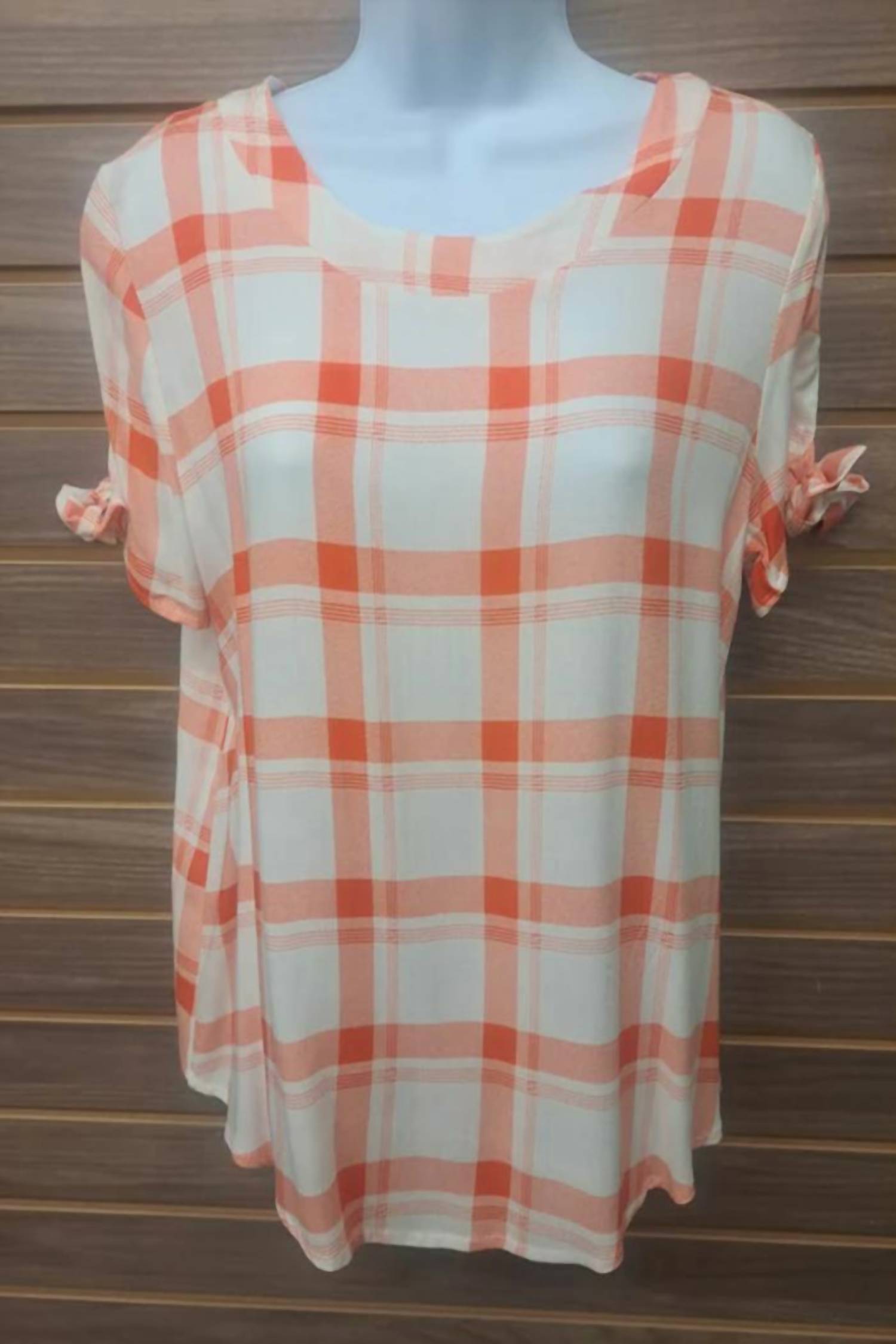 Moci - Women's Tied Short Sleeve Plaid Linen Blouse