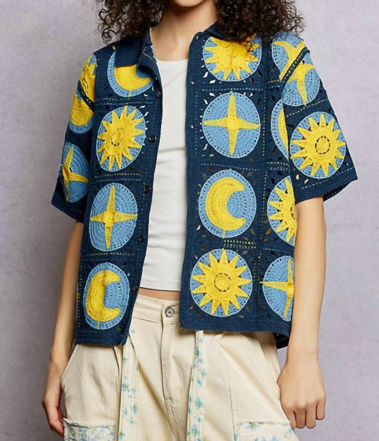 POL Crochet Knit Stars And Moons Shirt in navy multi - women's shirt