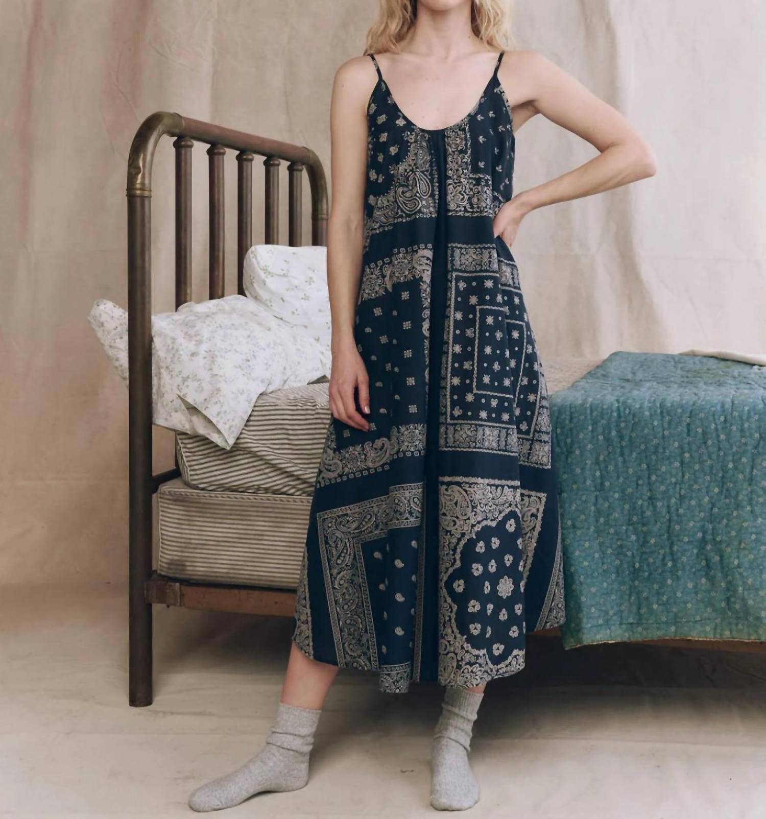 THE GREAT. Slip Sleep Midi Dress in bandana patchwork - women's dress