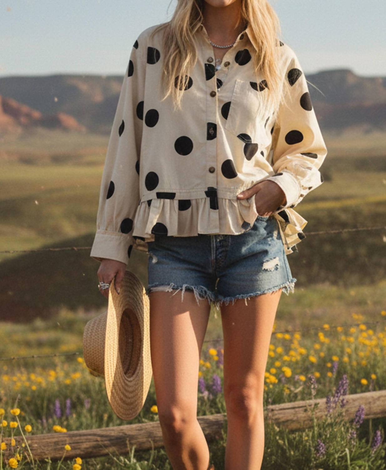 Sewn and Seen Kip Polka Dot Ruffle Hem Top in cream - women's blouse - view 5