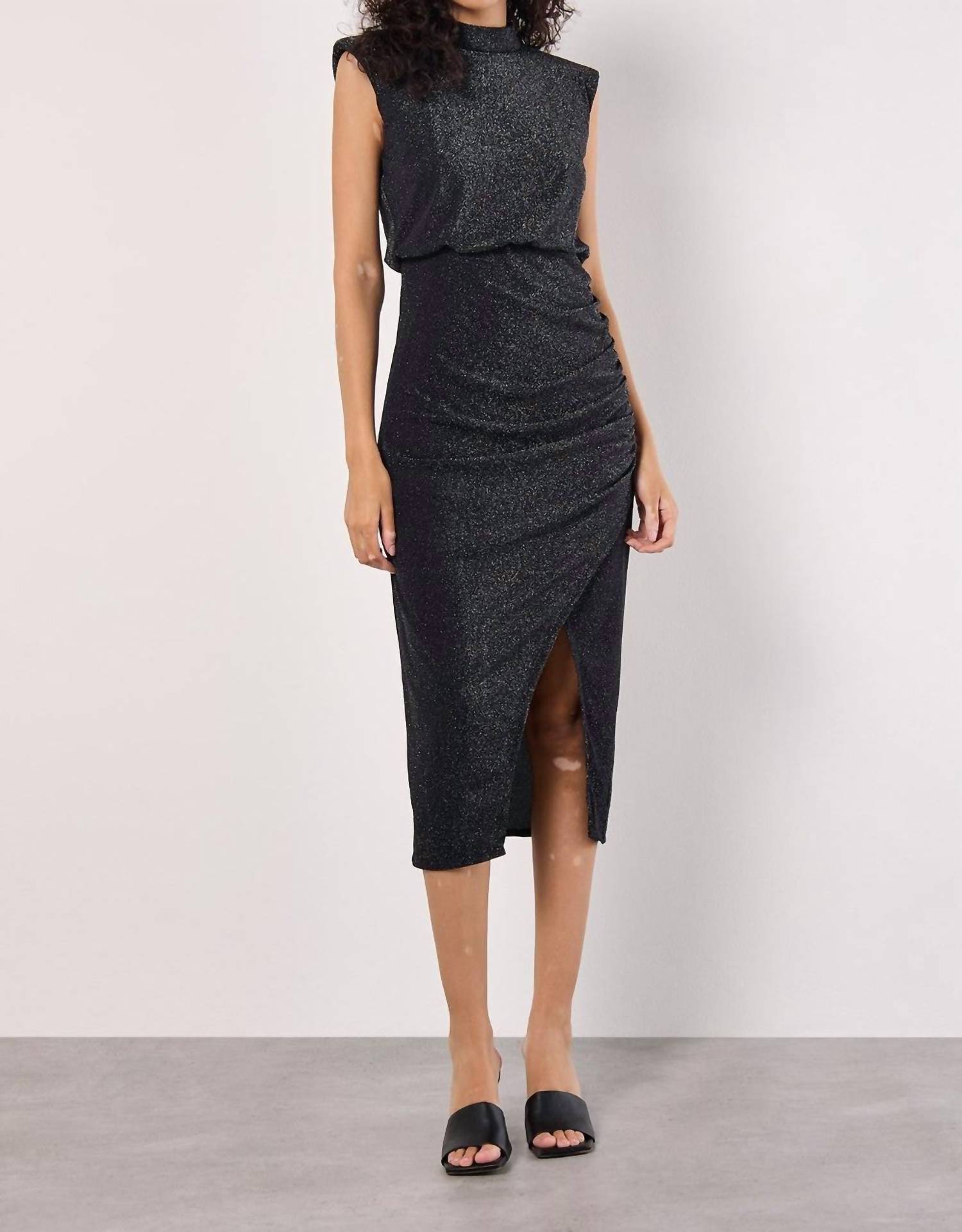 Apricot - Sparkle Mock Neck Ruched Dress