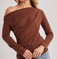 BluIvy One Off Shoulder Knit Top in brown - women's long sleeve top