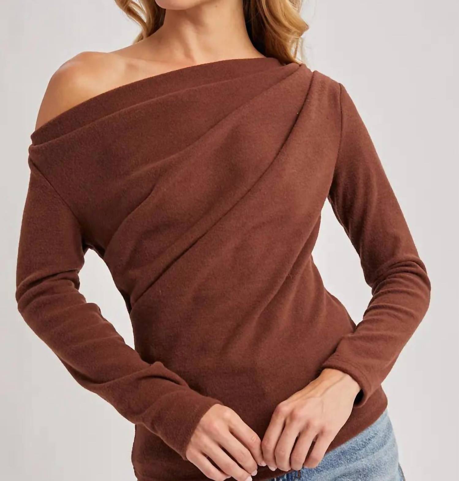 BluIvy One Off Shoulder Knit Top in brown - women's long sleeve top