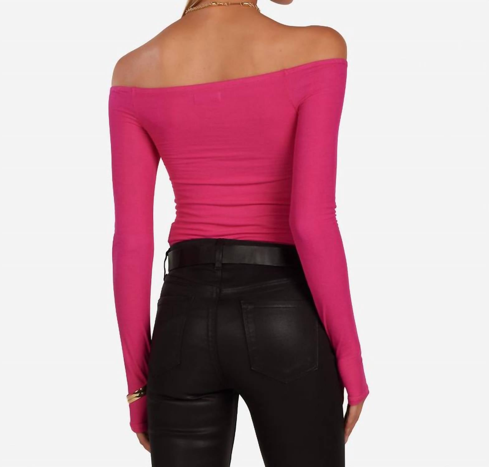 MICHAEL LAUREN Norbert Open Shoulder V Keyhole Top in dark pink - women's long sleeve top - alternate view
