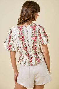Day + Moon - Floral Print Blouse With Bubble Sleeves