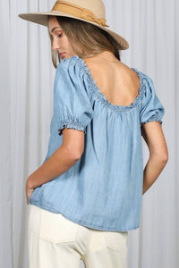 Vine & Love - Puff Short Sleeve Ruffle Details Chambray Top