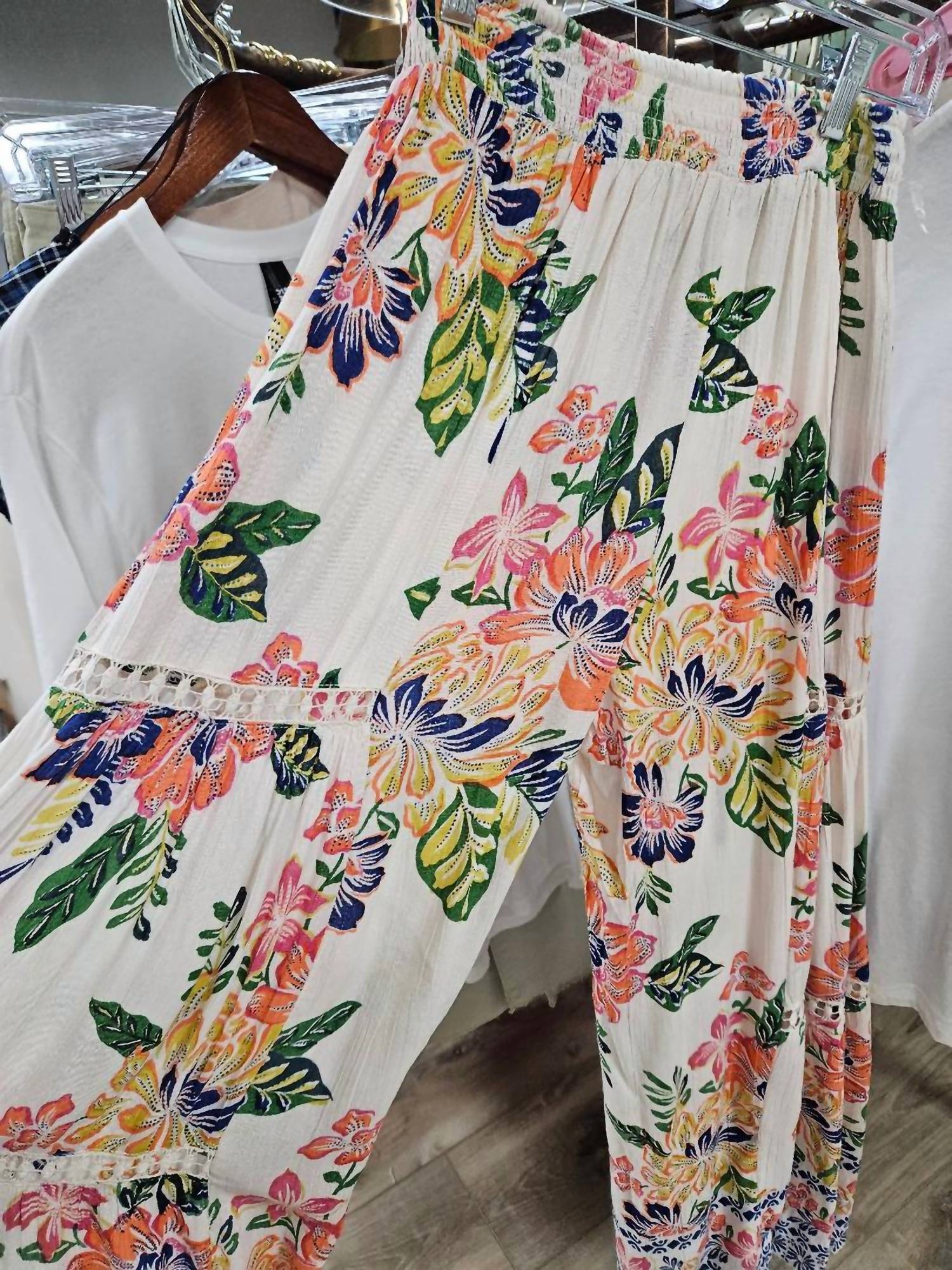 Angie - Women's Floral Wide Leg Pants with Lace Inserts