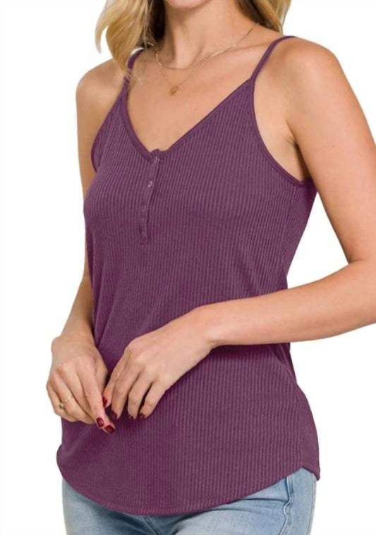 Zenana - Ribbed Button V-neck Tank Top