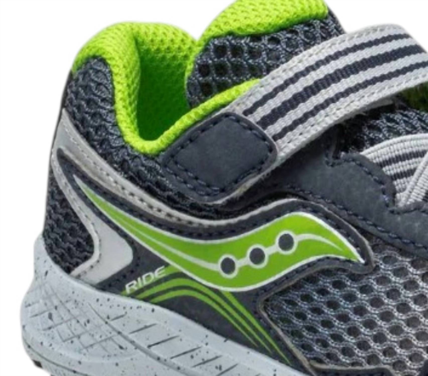 SAUCONY Junior Toddler's Ride 10 Sneakers in gray lime - kids' sneaker - detail view