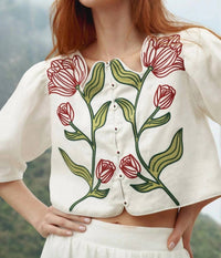 Farm Rio - Flower Embroidered Crop Top