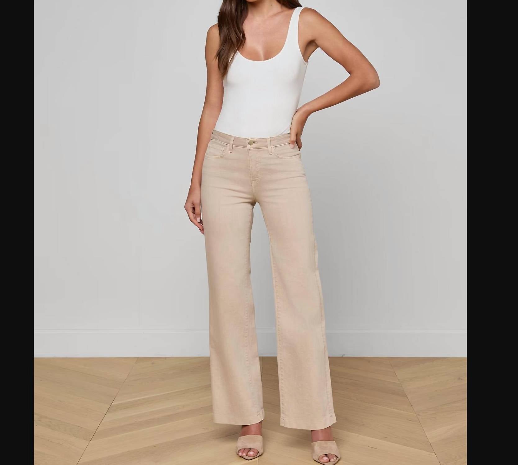 L'Agence Scottie High Rise Wide Leg Jeans in biscuit khaki - women's jeans