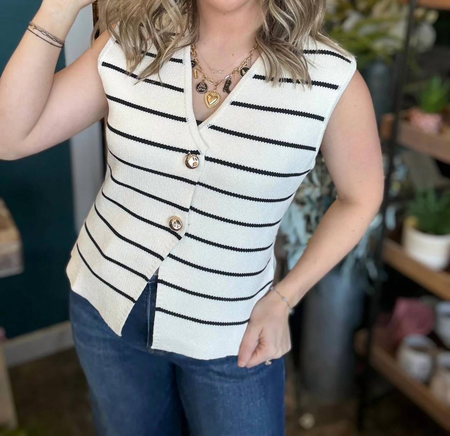 She + Sky - Striped Button Front Sweater Vest