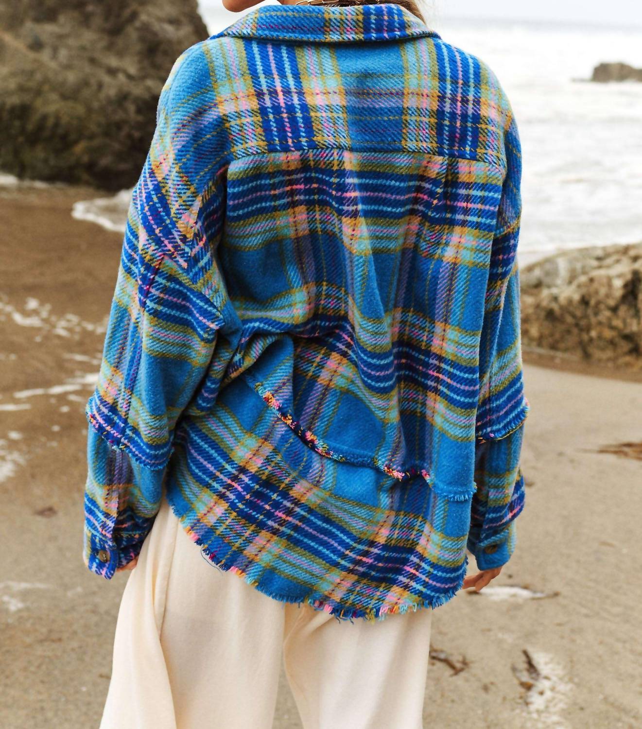 Davi & Dani - Multi Plaid Fringe Hem Shirt Jacket Shacket