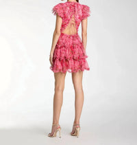 MAC DUGGAL Floral High Neck Cap Sleeve Ruffle Mini Dress in pink multi - women's dress - detail view