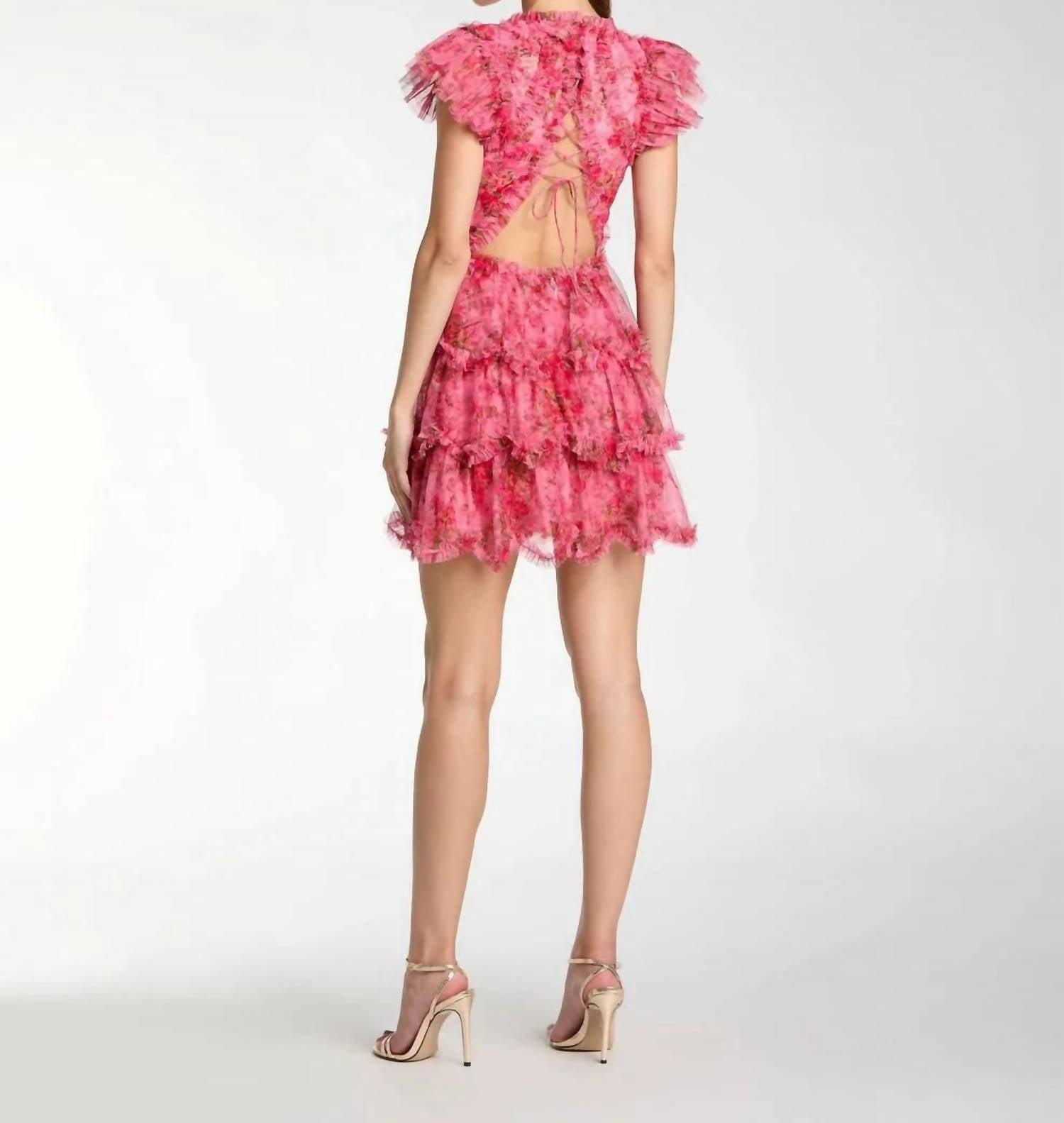 MAC DUGGAL Floral High Neck Cap Sleeve Ruffle Mini Dress in pink multi - women's dress - detail view