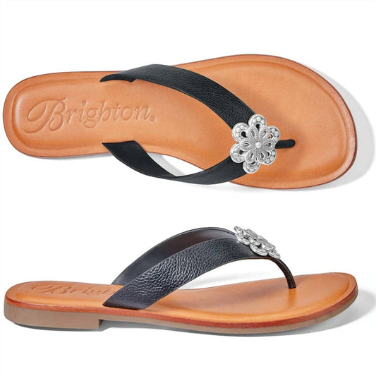 Brighton - Aster Flower Embellished Blk Leather Flat Thong Slip On Sandal