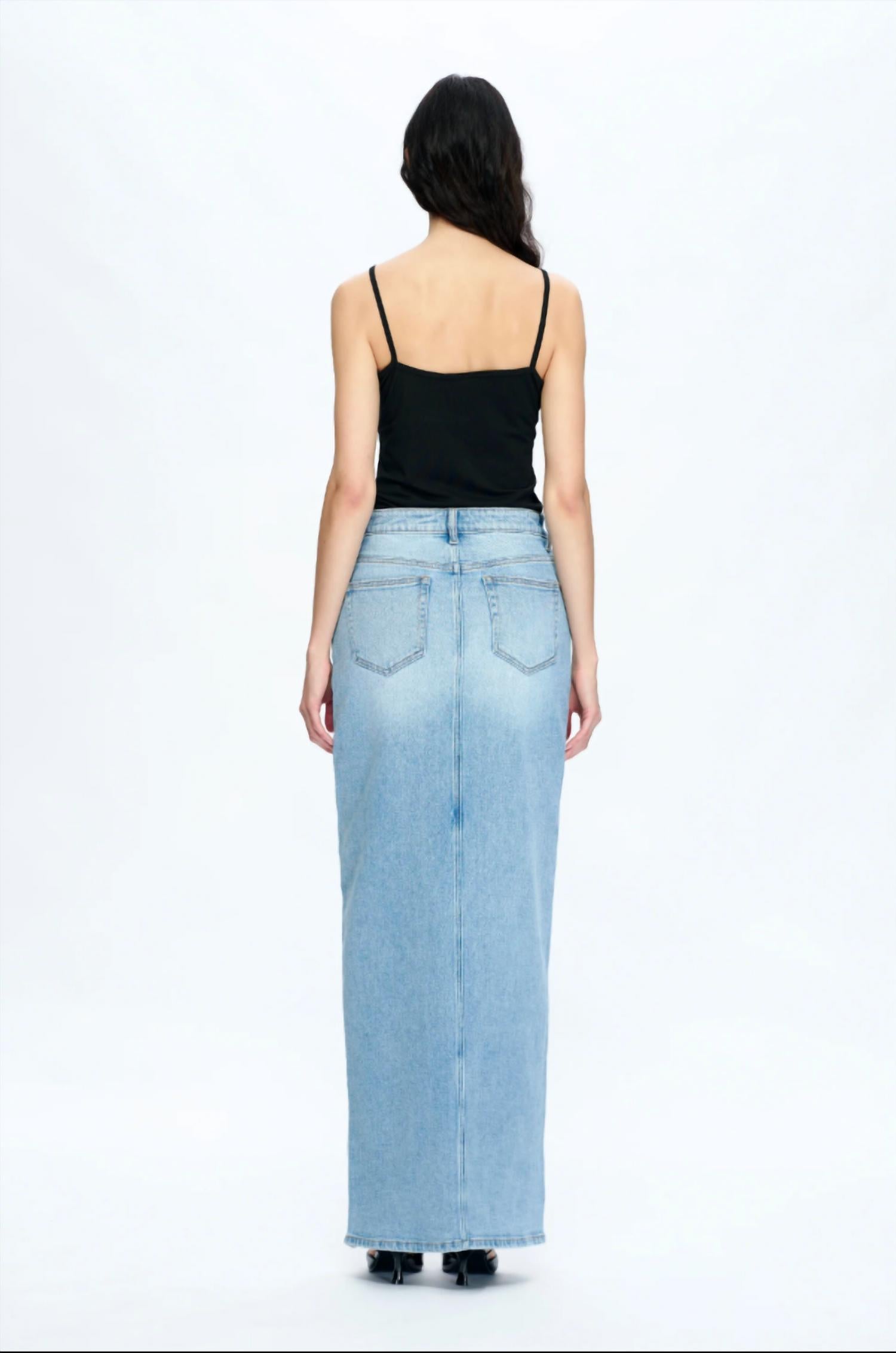 Bayeas - Lauren Mid Rise Slit Denim Maxi Skirt