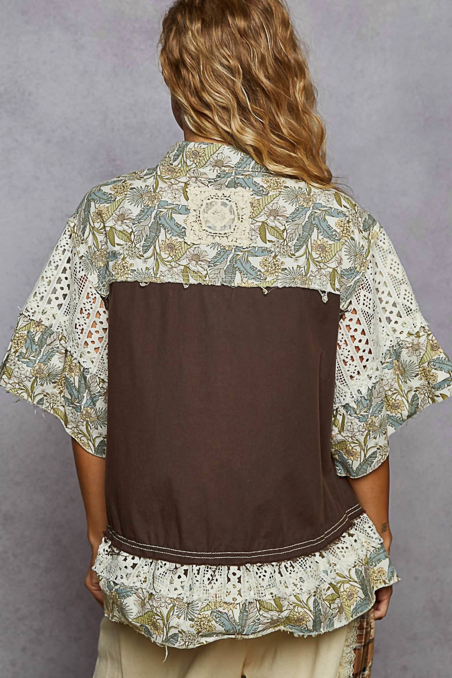 POL Lace And Patch Work Jacket in espresso - women's jacket - detail view