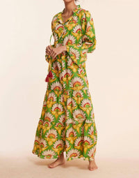 MODAPOSA Alcee Floral Lilly Fall Resort Maxi Dress in green white - women's dress - detail view