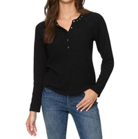 Flags & Anthem Cambria Embroidered Waffle Henley Top in black - women's long sleeve top