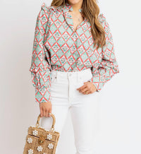Karlie Paris Floral V-Neck Ruffle Top in green - women's long sleeve top