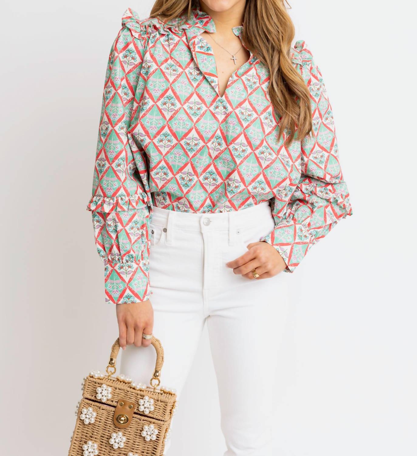 Karlie Paris Floral V-Neck Ruffle Top in green - women's long sleeve top